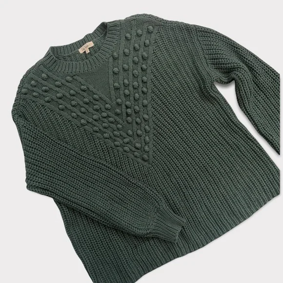 Women's Dark Green Soft Knit Chevron Pom Pom Sweater In Loom Size M/L - Picture 3 of 7